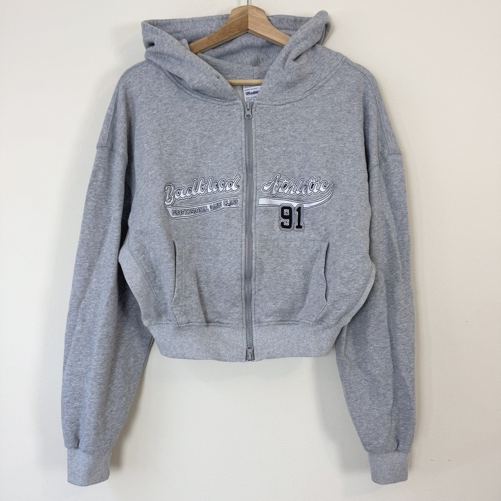 Women's Badblood Embroidered Streetwear Dance Gray Cropped Zip Hoodie - Small